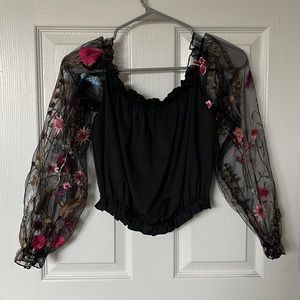 SHEIN small/size 4 black crop top with multi-color sheer sleeves flower design